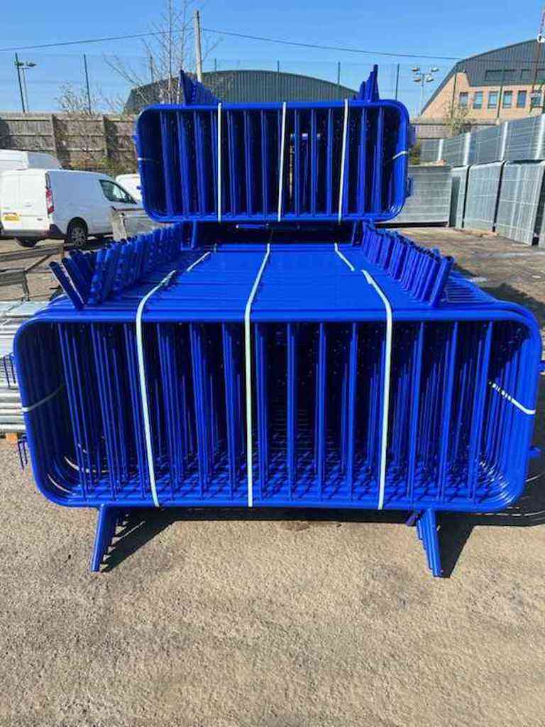 Powder-coated blue crowd control barriers — Tempfence UK