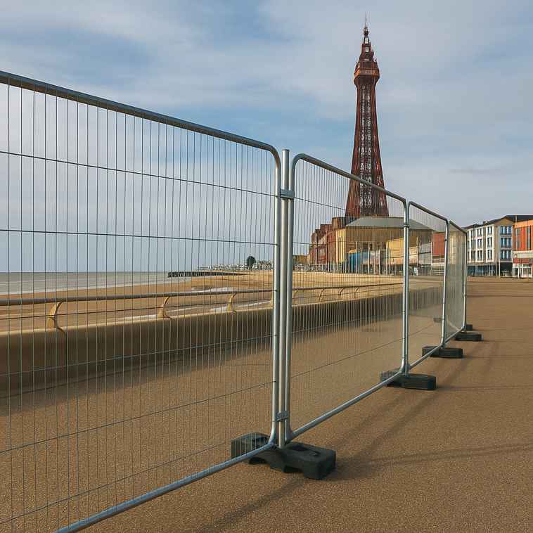 Heras fencing along the Blackpool promenade near the Tower — TempFence UK